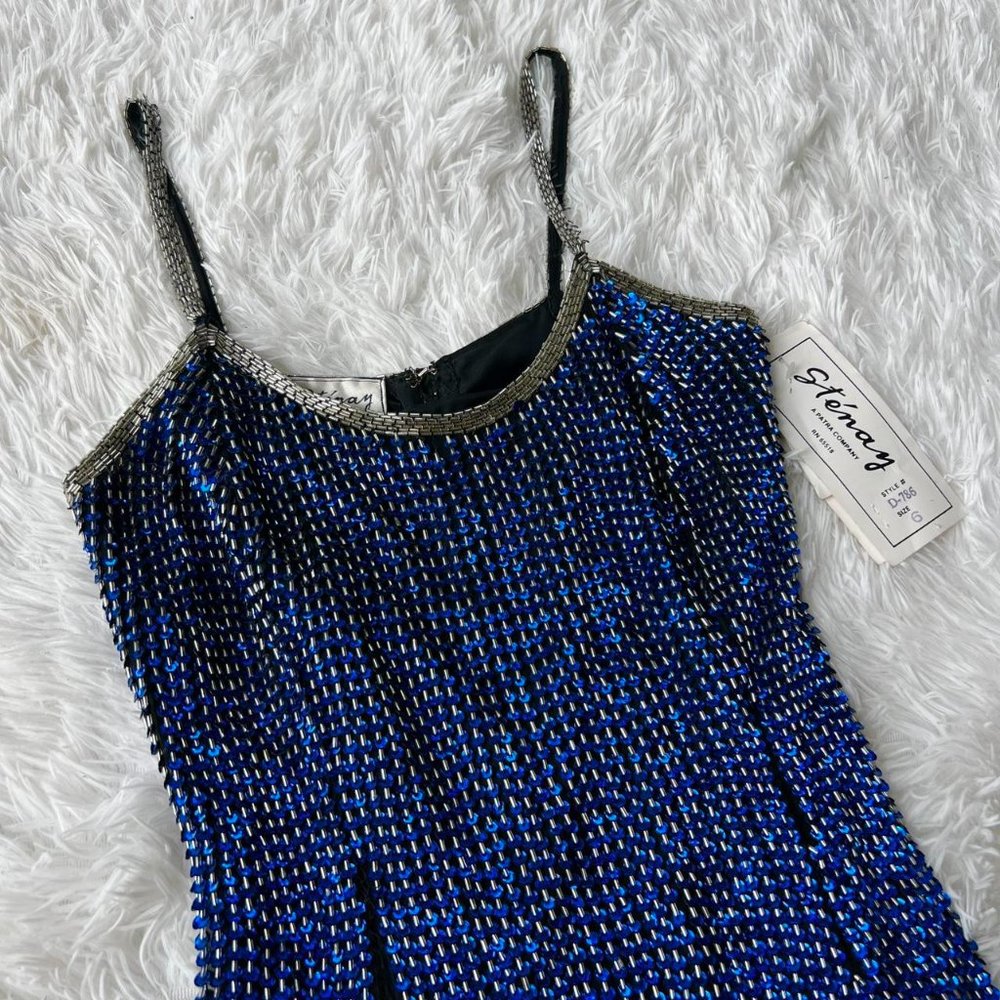 NWT Vintage Sténay 100% Silk Blue Gown Women's Blue and Grey Dress - Picture 3 of 8